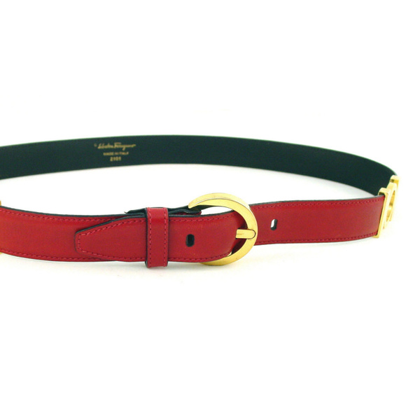 FERRAGAMO Gold Ring Red Leather Belt Women's 80/M - Picture 3 of 6